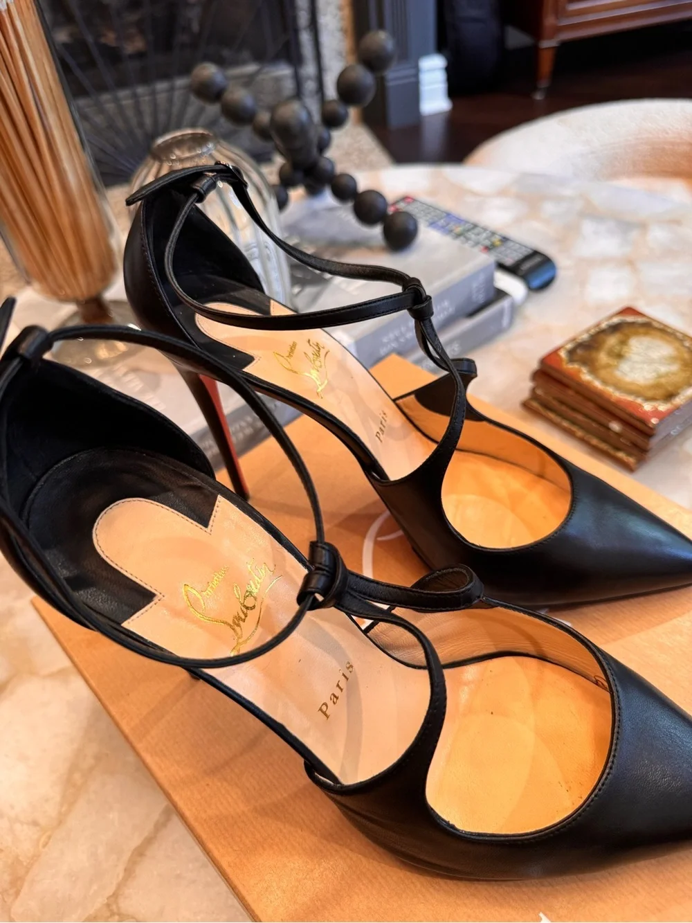 Christian Louboutin Black Strappy Pointed-Toe Pumps